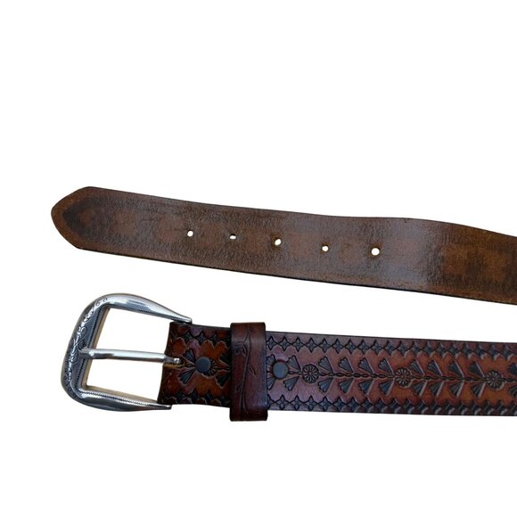 Brighton XL Brown Leather Floral Tooled Western Belt  Engraved Silver Buckle main image 6